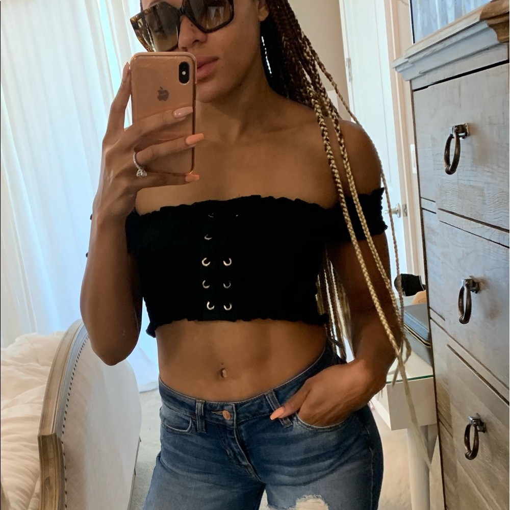Black smocked crop top with shirring